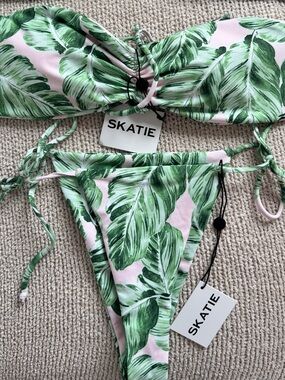Skatie Pink Bandeau Bikini with Green Leaf Print